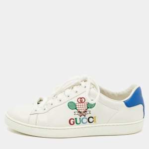 Gucci White/Blue Leather Tennis Embroidered Low Top Sneakers Size 37.5