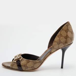 Gucci Beige/Brown GG Crystal Canvas Horsebit D'orsay Pumps Size 41