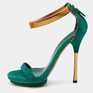 Gucci Green/Gold Suede and Snakeskin Leather Ankle Strap Sandals Size 37.5