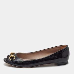 Pre Owned Gucci Black Microguccissima Patent Leather Jolene Peep Toe Ballet Flats Size 38