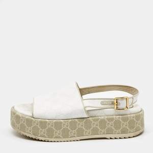 Gucci White GG Supreme Canvas Angelina Platform Sandals Size 39.5