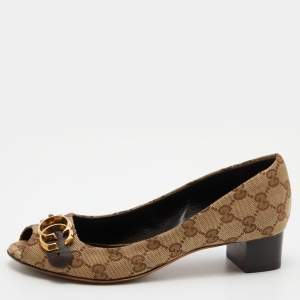 Pre Owned Gucci Brown/Beige GG Canvas GG Logo Peep Toe Block Heel Pumps Size 37