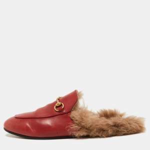 Pre Owned Gucci Dark Red Leather and Fur Princetown Flat Mules Size 38