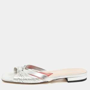 Pre Owned Gucci Silver Knotted Leather Flat Slides Size 38