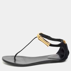 Gucci Black Suede and Leather Thong Ankle Strap Sandals Size 35.5