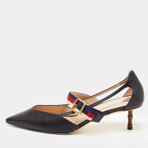 Pre Owned Gucci Black Leather Sylvie Web Strap Bamboo Heel Unia Pumps Size 40