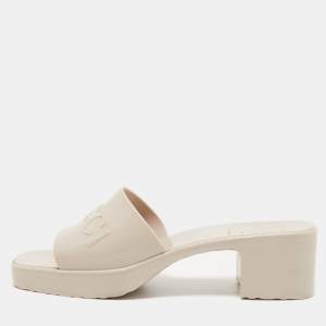 Gucci Light Grey Logo Embossed Rubber Slide Sandals Size 40