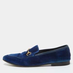Pre Owned Gucci Blue Velvet Jordaan Loafers Size 38.5