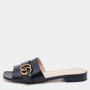 Gucci Black Leather Interlocking G Buckle Slide Sandals Size 37