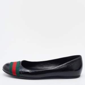 Pre Owned Gucci Black Leather Web Ballet Flats Size 37