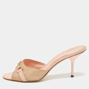 Gucci Metallic/Pink GG Canvas and Leather Horsebit Slide Sandals Size 38.5