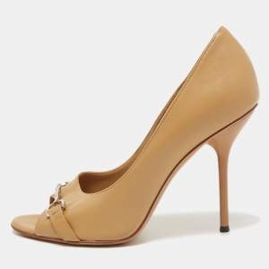 Gucci Beige Leather Horsebit Peep Toe Pumps Size 38.5