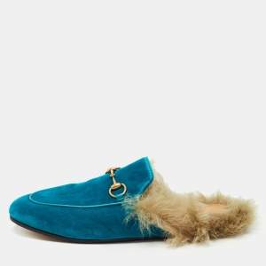 Gucci Turquoise Velvet and Fur Princetown Horsebit Mules Size 38