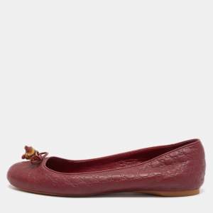 Pre Owned Gucci Burgundy Guccissima Leather Bamboo Bow Tassel Ballet Flats Size 38