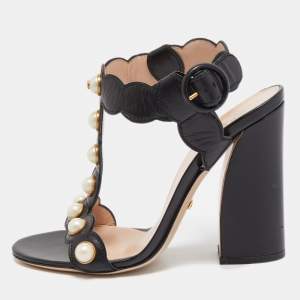 Gucci Black Leather Pearl Embellished Block Heel Ankle Strap Sandals Size 37.5