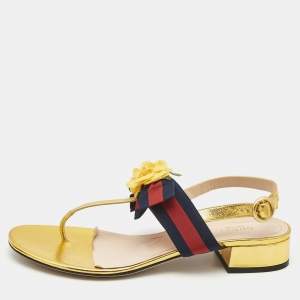 Gucci Gold Foil Leather Web Bow Thong Slingback Flat Sandals Size 40.5