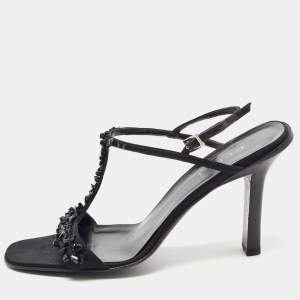 Gucci Black Satin Crystal Embellished Ankle Strap Sandals Size 38.5