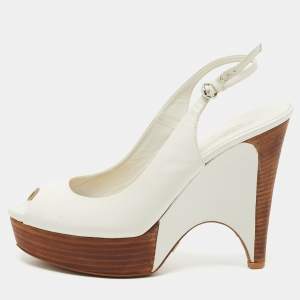 Gucci White Leather Wooden Wedge Slingback Sandals Size 38