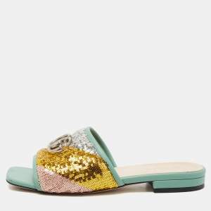 Gucci  Green Leather and Sequin Embellished Double G  Flat Slides Size 35.5 