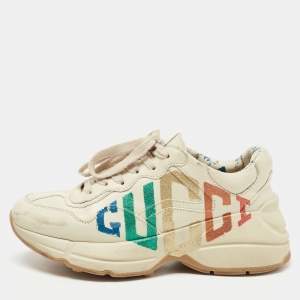 Gucci Cream Leather Glitter Logo Rhyton Sneakers Size 36