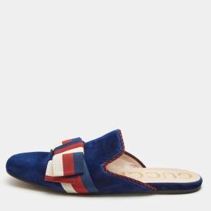 Pre Owned Gucci Blue Velvet Sylvie Bow Flat Mules Size 40