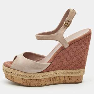 Gucci Dusty Pink Suede Wedge Platform Ankle Strap Sandals Size 38.5