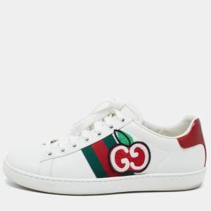 Pre Owned Gucci White Leather GG Apple Applique Ace Sneakers Size 35