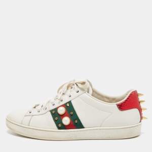 Gucci White Leather Pearl Embellished and Studded Ace Sneakers Size 35