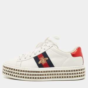 Gucci White Leather And Bee Web Detail New Ace Crystal Embellished Platform Sneakers Size 35