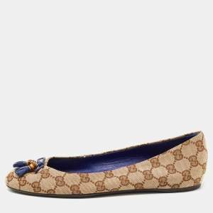 Pre Owned Gucci Brown GG Canvas Bamboo Bow Tassel Ballet Flats Size 38.5