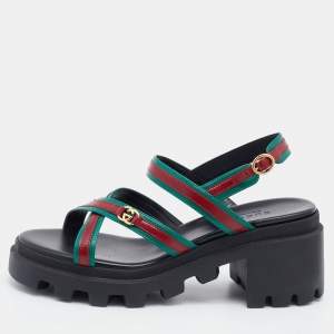 Gucci Green/Red Leather Lug Platform Slingback Sandals Size 36.5