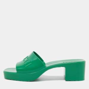 Pre Owned Gucci Green Rubber Embossed Logo Block Heel Slide Sandals Size 42