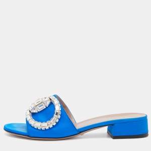 Gucci Blue Satin Crystal Horsebit Maxime Slide Sandals Size 38