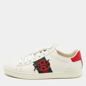 Gucci White/Red Leather and Snake Embossed Leather Ace Pineapple Sneakers Size 37