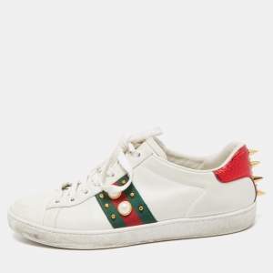 Gucci White Leather Faux Pearl Embellished Ace Sneakers Size 37.5
