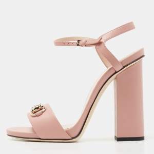 Gucci Pink Leather Horsebit Block Heel  Sandals Size 37.5