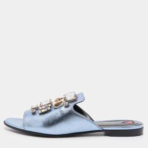Gucci Metallic Blue Leather Horsebit Crystal Embellished Flat Slides Size 37.5