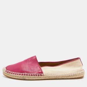 Pre Owned Gucci Beige/Pink Canvas and Leather Espadrille Flats Size 37.5