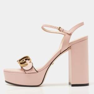 Gucci Pink Leather GG Marmont Block Heel Ankle Strap Platform Sandals Size 37