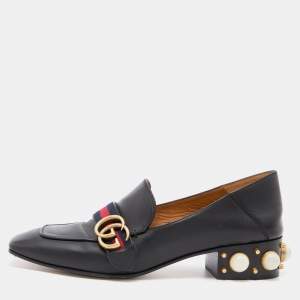 Gucci Black Leather Peyton GG Sylvie Pearl Studded Loafer Size 41