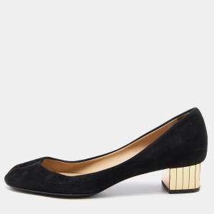 Gucci Black Suede Peep Toe Block Heel Pumps Size 38.5