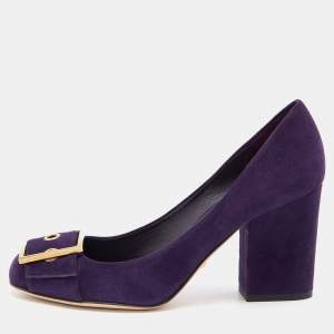 Pre Owned Gucci Purple Suede Buckle Detail Block Heel Pumps Size 39.5
