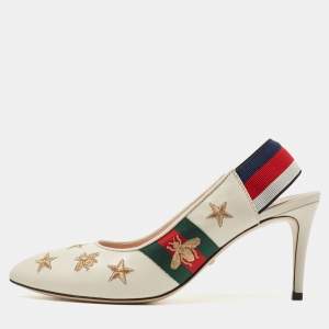 Pre Owned Gucci Cream Leather Web  Sylvie Slingback Pumps Size 38