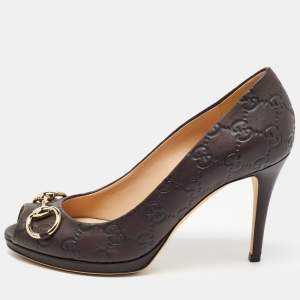 Gucci Brown Guccissima Leather Horsebit Peep Toe Pumps Size 37