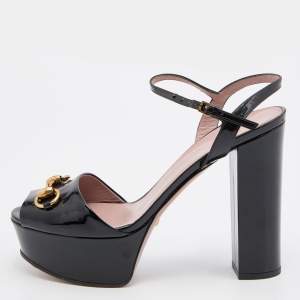 Gucci Black Patent Leather Horsebit Block Heel Ankle Strap Sandals Size 39