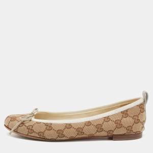Pre Owned Gucci Beige/Brown GG Canvas And Leather Bow Ballet Flats Size 37