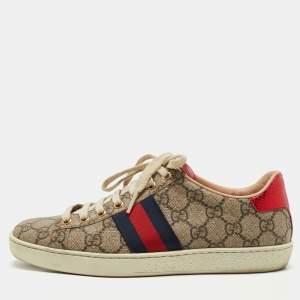 مملوكة مسبقًا Gucci Beige/Brown GG Supreme Canvas Ace Web Low Top Sneakers Size 37