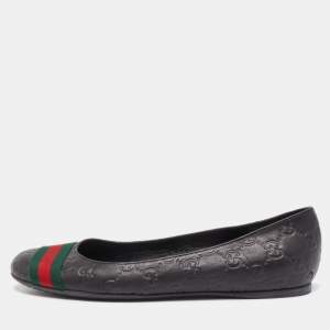 Gucci Black Guccissima Leather Web Ballet Flats Size 37.5