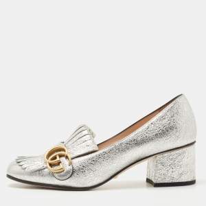 Pre Owned Gucci Metallic Silver Foil Leather GG Marmont Fringe Detail Block Heel Pumps Size 37.5