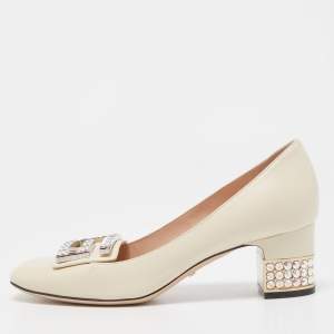 Gucci Cream Leather Crystal G Mid Heel Pumps Size 37.5